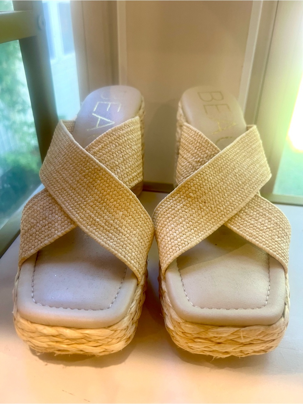 BEACH Cream Cross-Strap Espadrille Platform Sandals 9M